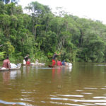 Our fleet of seven pirogues on their way to an exquisite bit of wilderness. (© Christian Peeters)